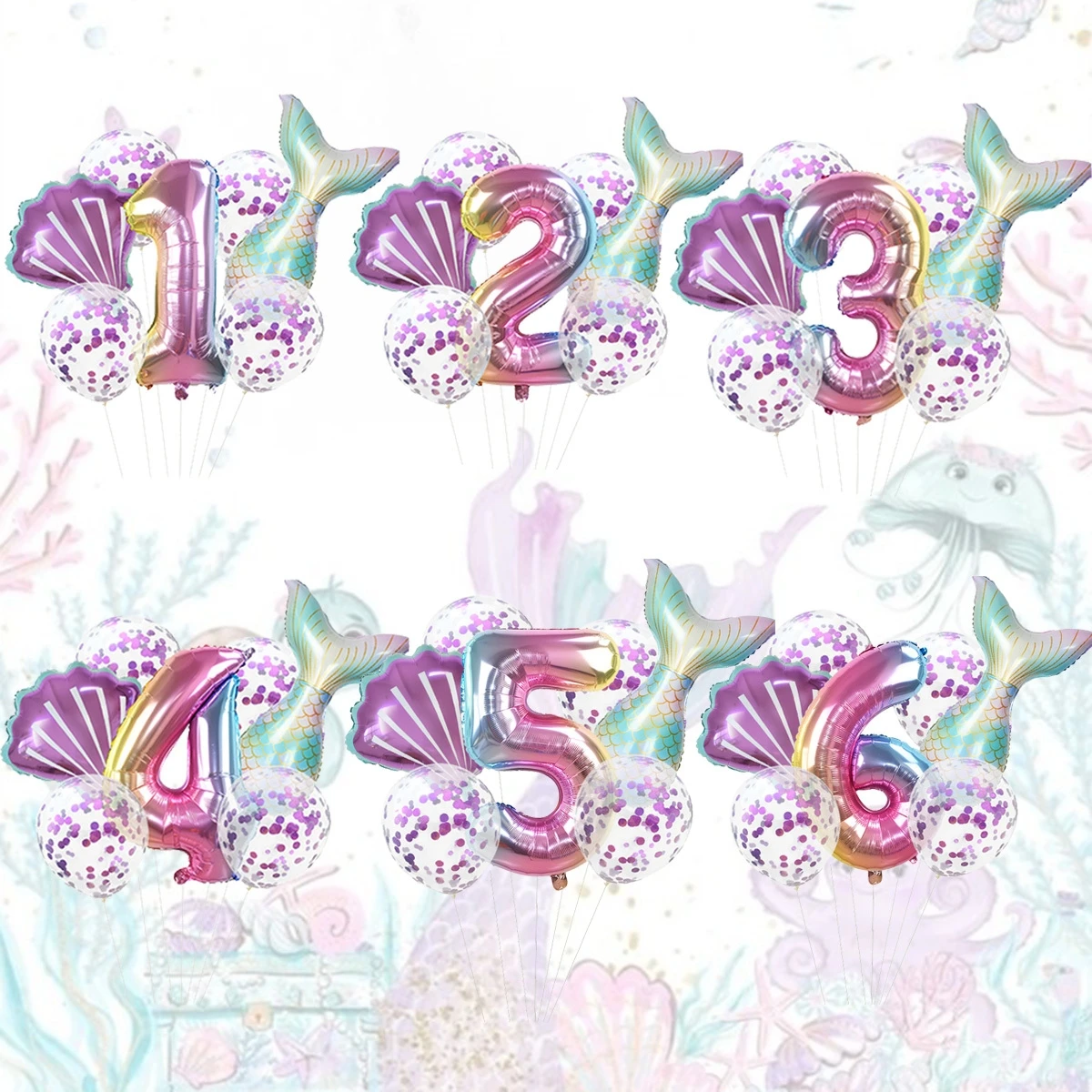 7pcs Mermaid Theme Number Balloon Set Birthday Party Decor Home Decor Atmosphere Background Layout Indoor Outdoor Decotion