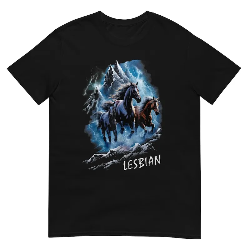 Horses Running Through Lightning Lesbian 90s Shirt,Graphic Short Sleeve Crew Neck Cotton T-Shirt