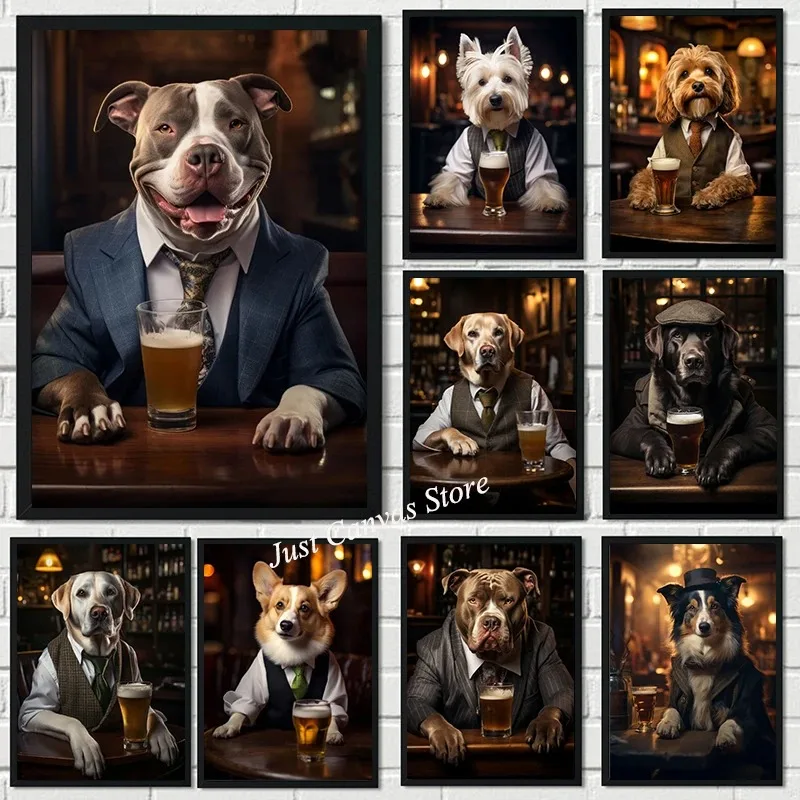 Cute Pug Cockapoo Corgi Collie Dog In the Pub Posters Print Canvas Painting Animal Beer Wall Art For Room Home Decor Cuadros