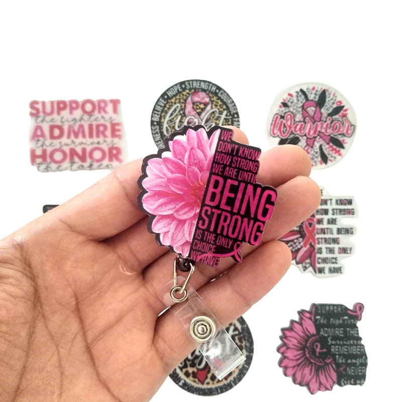 New Breast Cancer Awareness Theme Pink Support Ribbon Heart Lanyard Retractable Reel Badge ID Card Holder