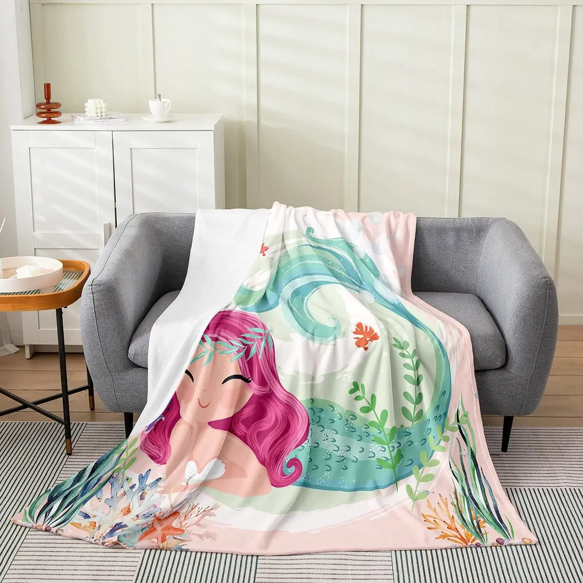 Whale and Mermaid Throw Blanket Soft Fluffy Premium Sherpa Flannel Blanket for Sofa Chair Bed Office Travelling Camping Gifts