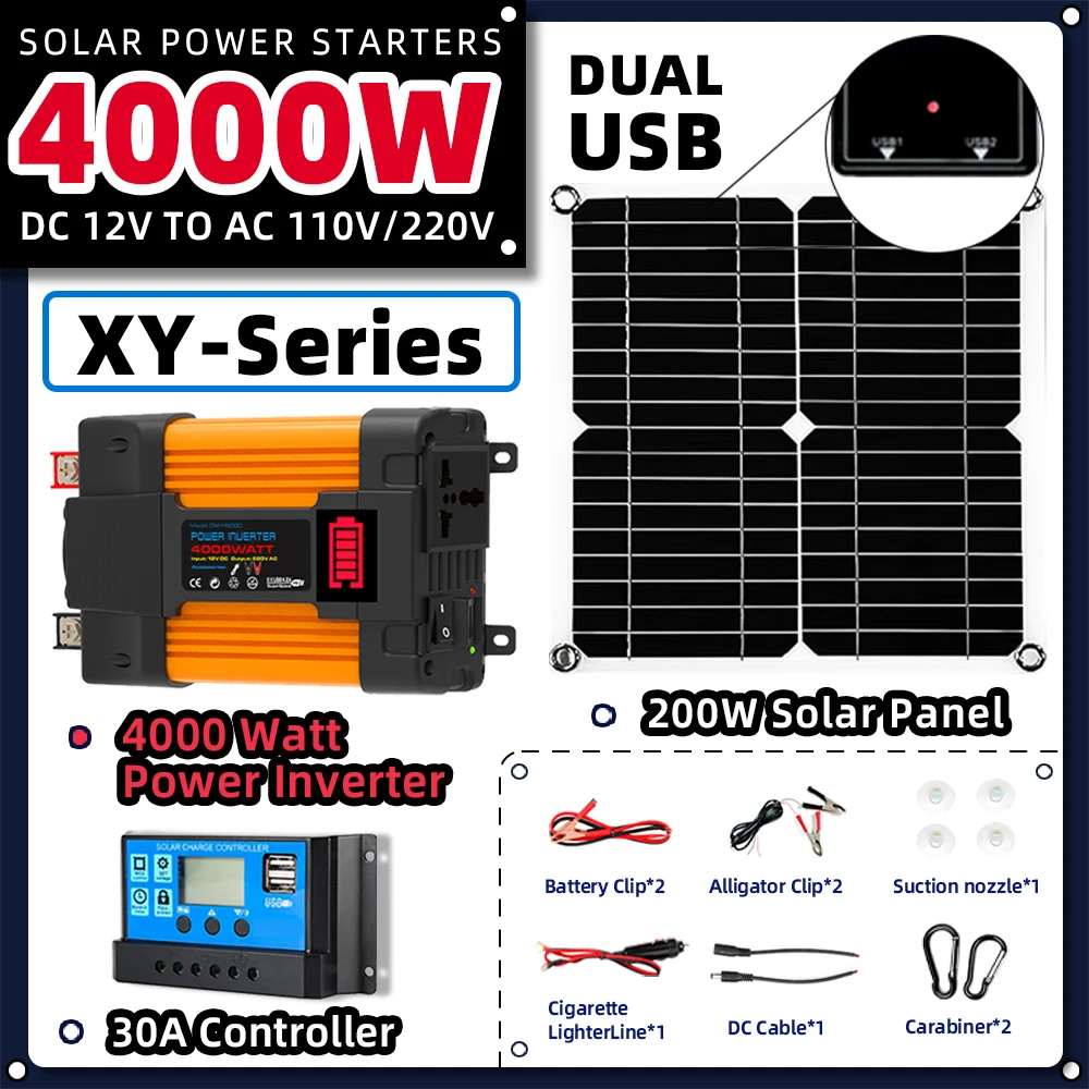 Solar Panel Complete Kit 4000w 220v Inverter 200W Solar Panel home Set RV 30A Controller Camping Combinatorial solar electric