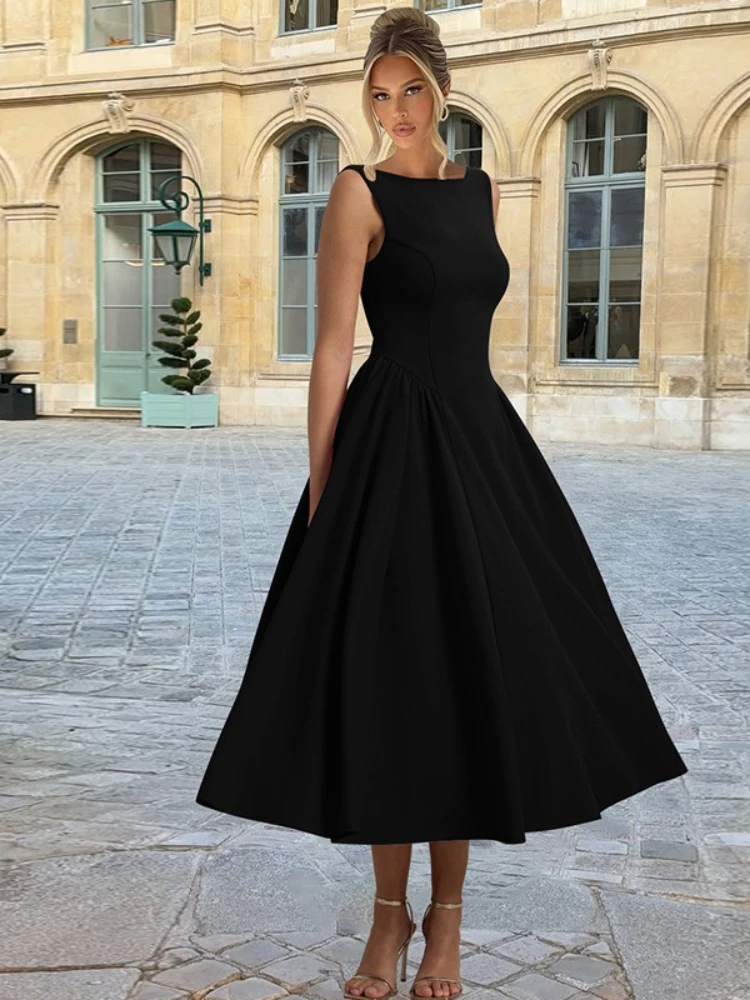 

Woman Clothing O-neck High Waist Tunics A-line Long Dress 2026 Summer Ladies Elegant Sleeveless Ruched Birthday Party Dresses