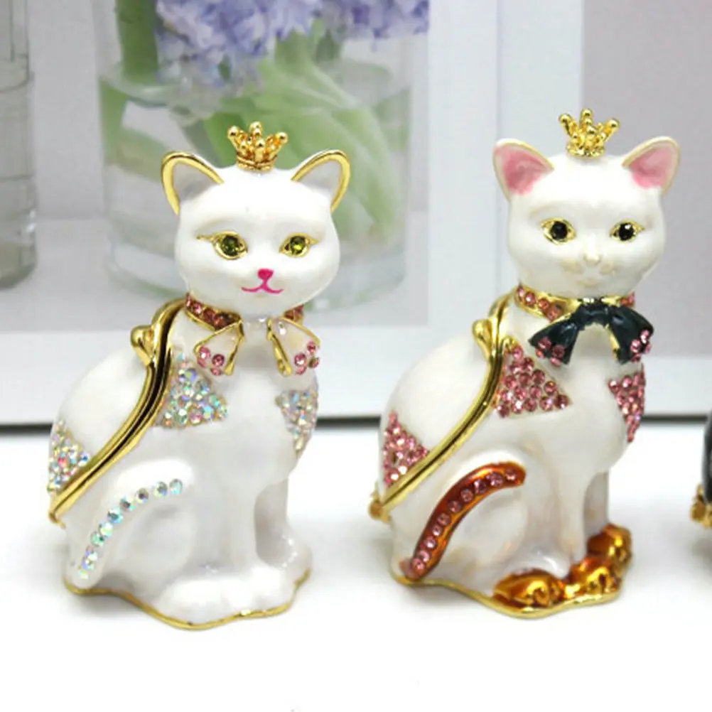 Metal Alloy Jewelry Storage Box with Cute Cat Ornament Desktop Decor Vanity Organizer for Earrings Rings Trinkets Bright