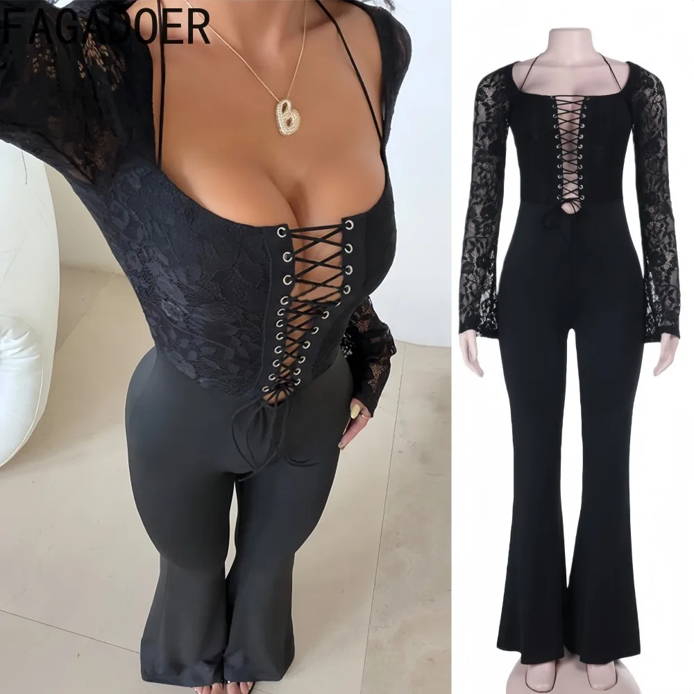 

FAGADOER Sexy Lace See Through 2 Pieces Set for Woman Outfits Bandage Patchwork Long Sleeves Crop Top + Pants Female Streetwear