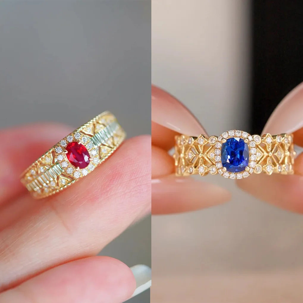 S925 Pure Silver Hollow Open Ring For Ladies Red Corundum Blue Spinel Vintage Stackable Stylish Niche Luxury Feeling Finger Ring