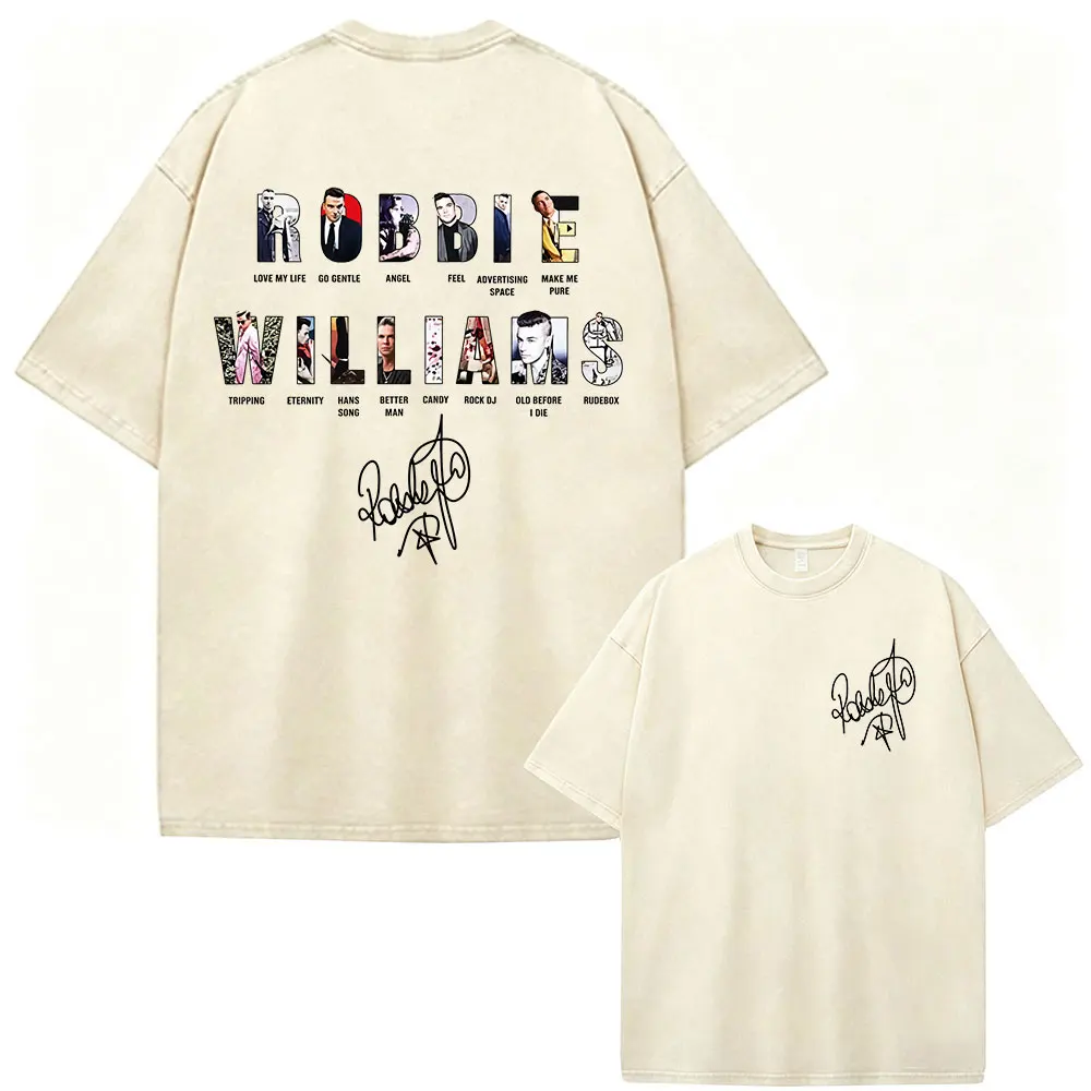 Robbie Williams Album Cover Tour Merch Vintage Washed T-Shirts Herren Damen Kleidung Mode Kurzarm Baumwolle Casual T-Shirts – Detail 3