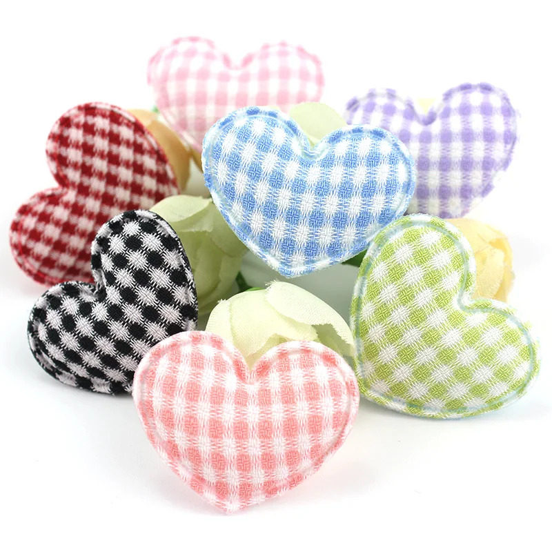 70Pcs 3*3.5cm Plaid Fabric Heart Padded Appliques For DIY Headwear Hairpin Crafts Decoration Clothing Accessories