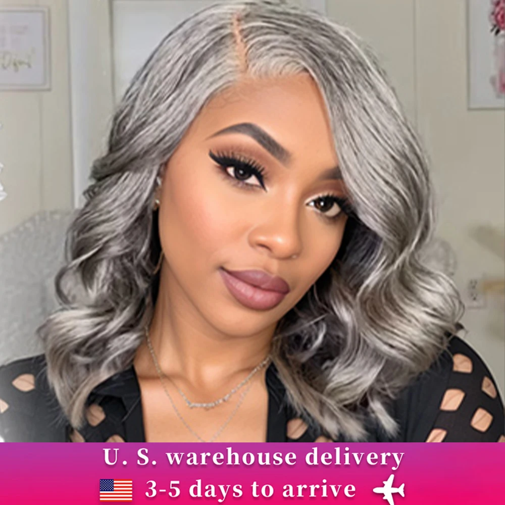 12inch Salt and Peppe Loose Wave Lace Front Human Hair Wig Pre Plucked Short Bob Glueless Wig For Women Lace Front Wig 180%