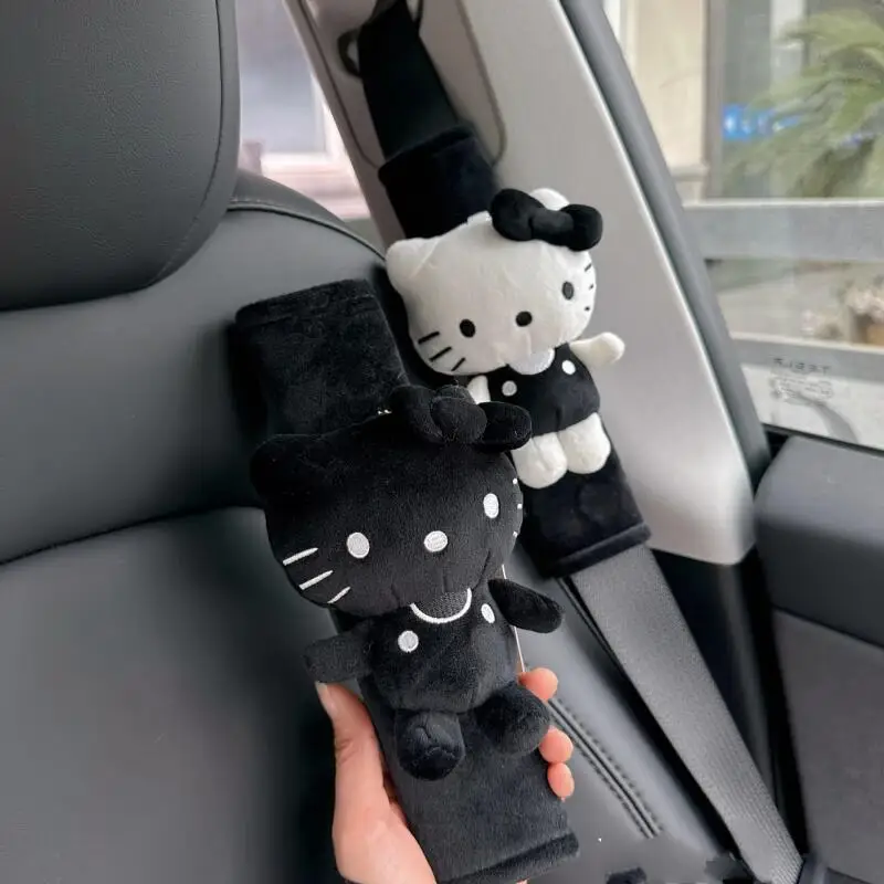 

Cartoon Hello Kitty Car Safety Belt Cover sanrio Anime Black White Adjustable Shoulder Strap Protector Pad Auto Accessories gift