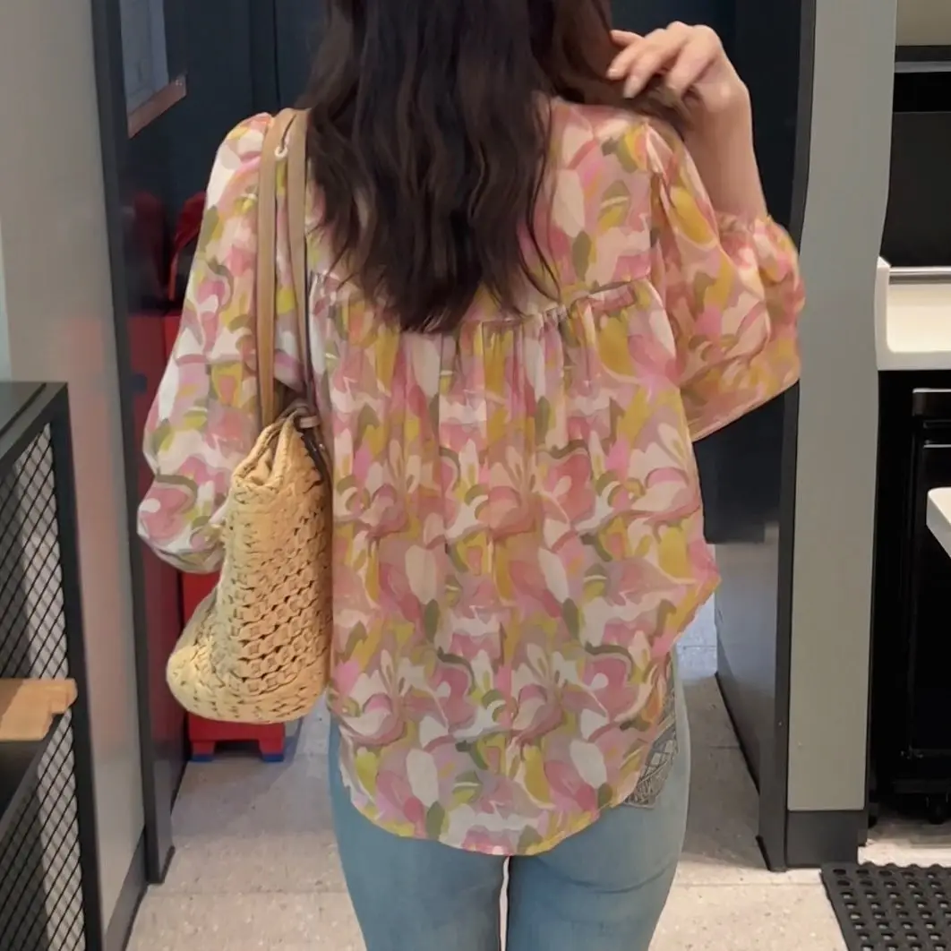 Casual solto bolha sve longo sve chiffon floral impressão irt feminino faion primavera verão novo sle solto ajuste topo