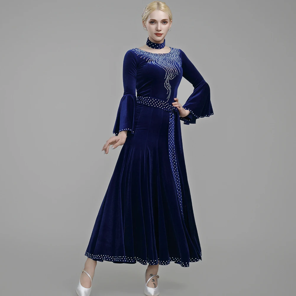 Ballroom Dance Competition Dress Bell Sleeve Rhinestone Gold Velvet Long Dresses Round Neck Waltz Standard Women New Skirts Wear