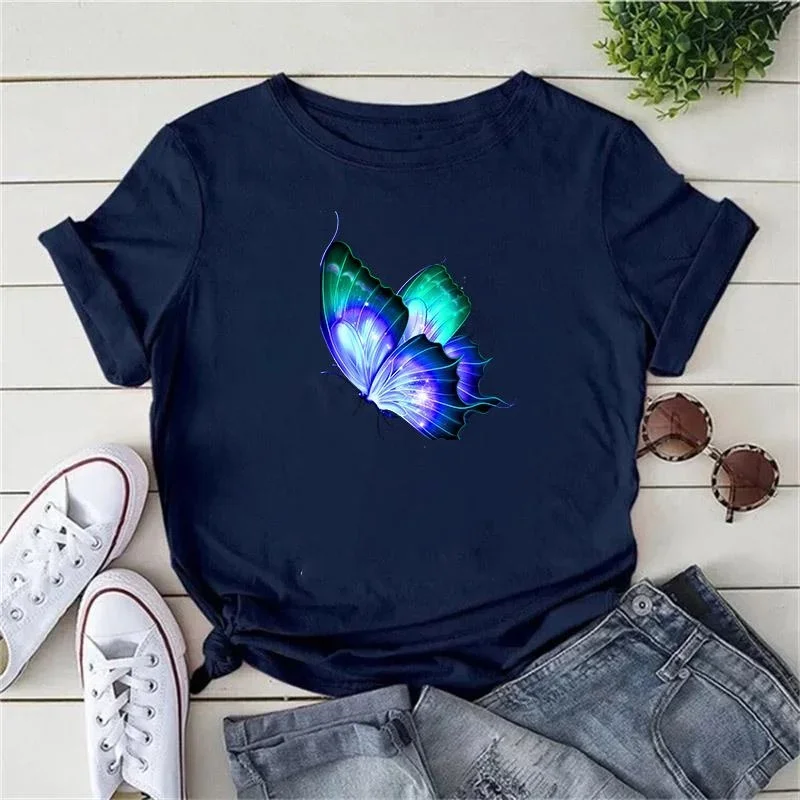 2024 New Women's Short Sleeve Top Round Neck Short Sleeve T-Shirt Butterfly Printed Sports Casual Tee Suitable for Summer Wear