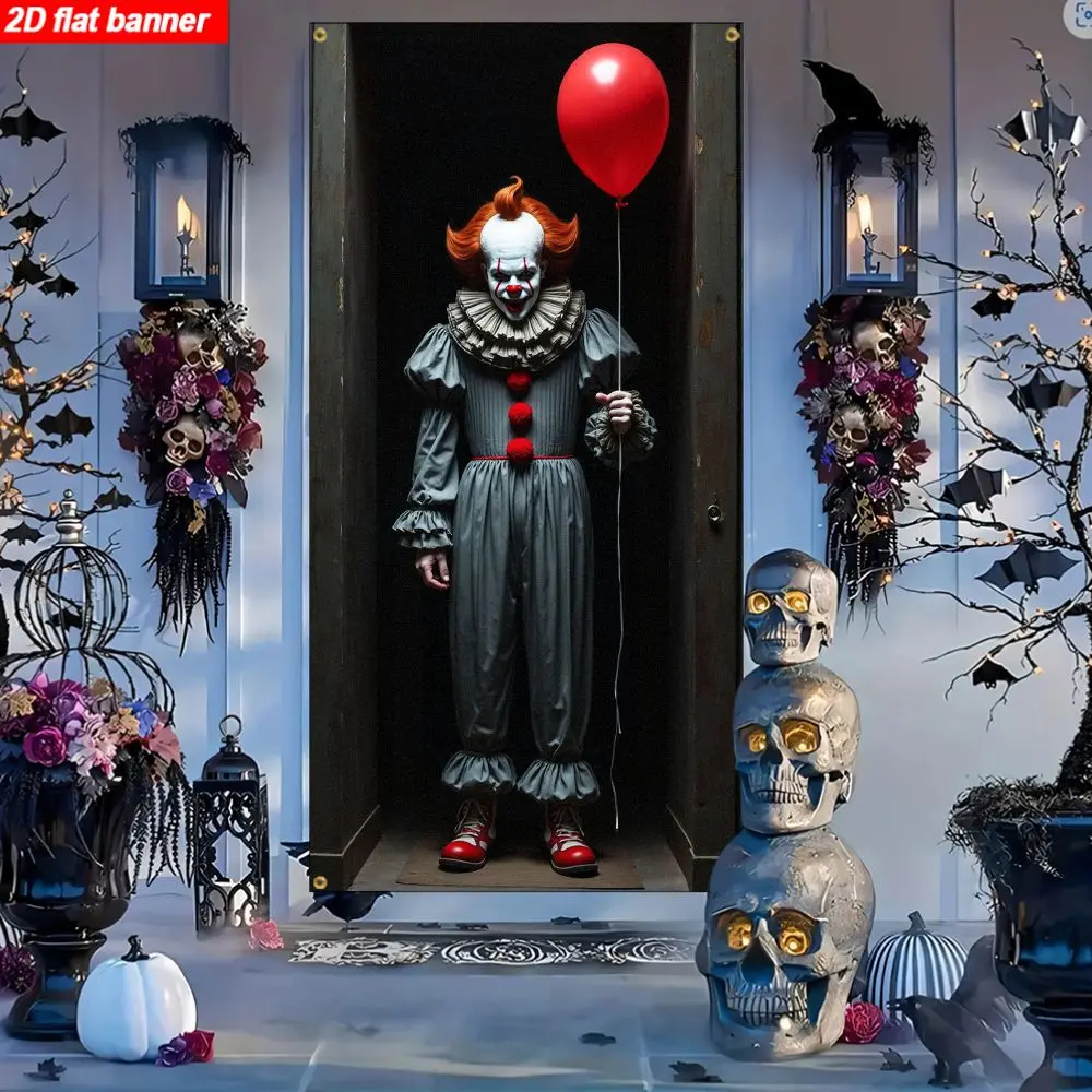 Banner de cortina de puerta Joker Pennywise y decoración de arco de globos, decoración de fiesta temática de película de terror 2D