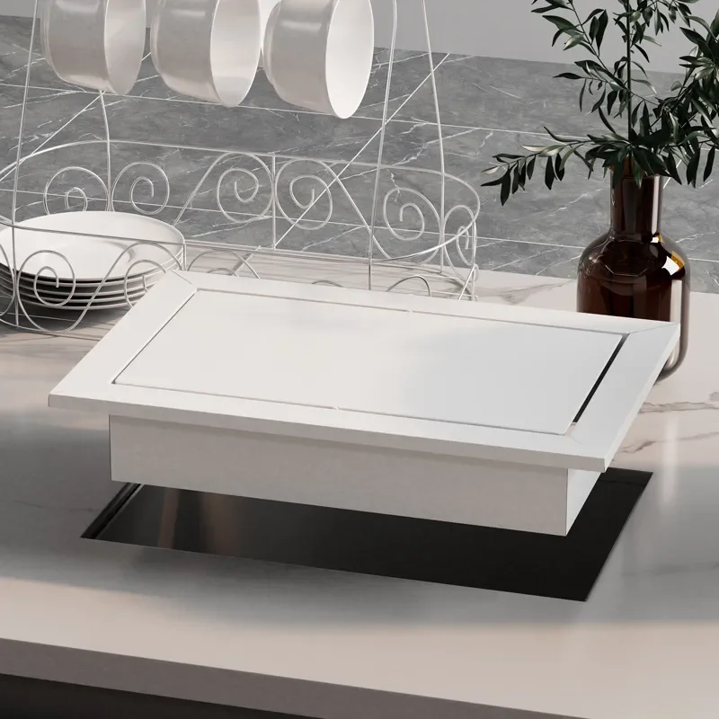 Kitchen White Recessed Stainless Steel Trash Can Lid Toilet Countertop Rectangle Shaker Cover Flip Cover Cleaning Bucket
