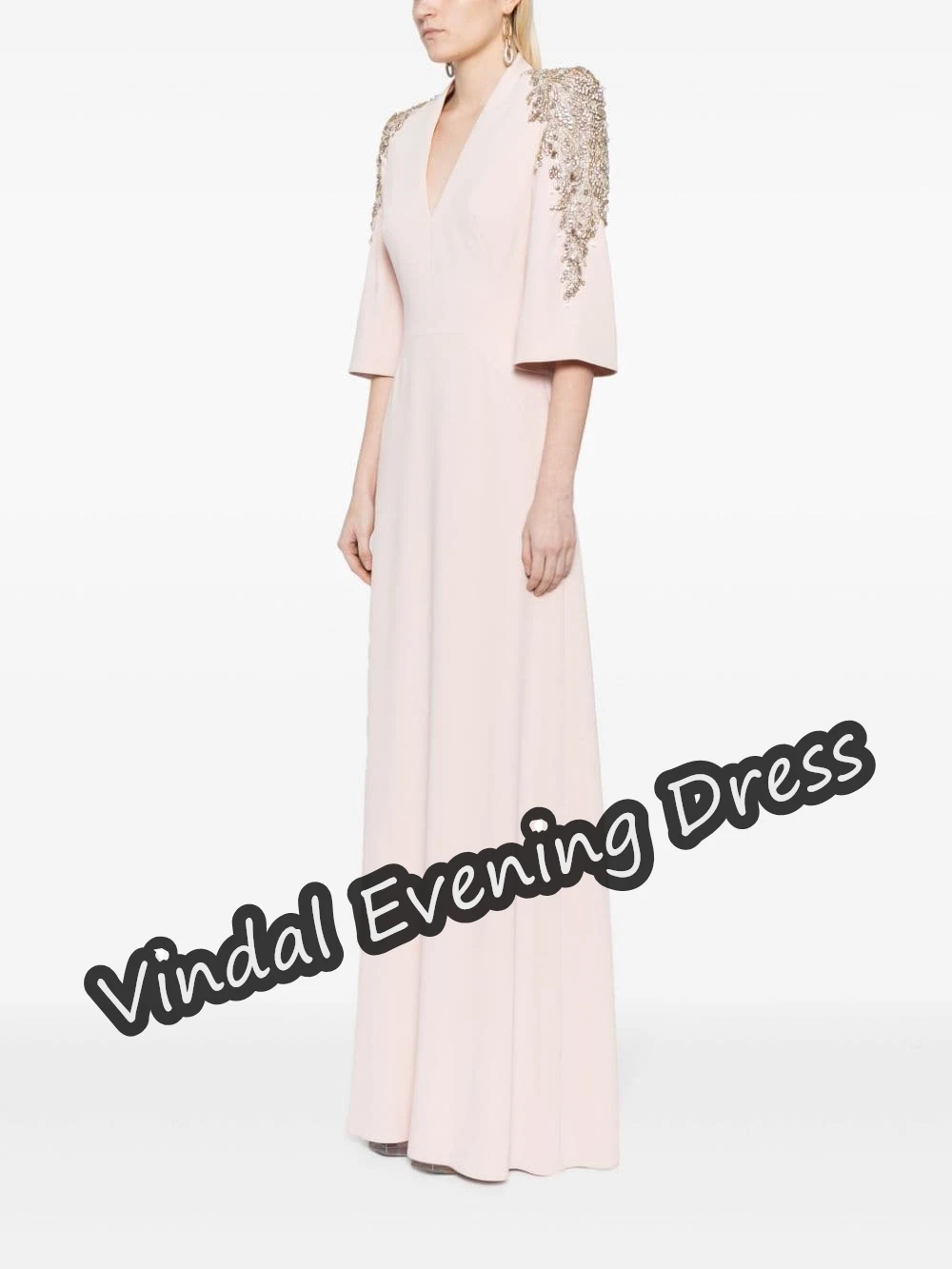 Vindal V-neck Evening Dress Floor Length A-Line Beads Elegant Built-in Bra Crepe Saudi Arabia Sexy Half Sleeves For Woman 2024