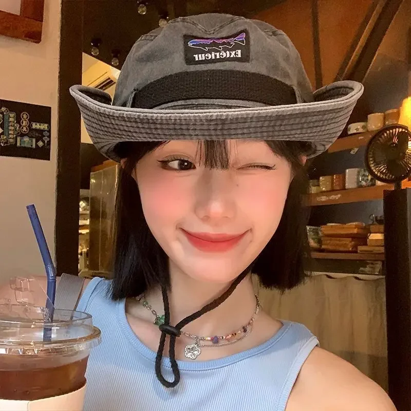 2025 جديد! قبعة رعاة البقر الغربية المستوحاة من اليابانية للأطفال - قبعة دلو صيفية مغسولة ذات حافة كبيرة للمشي لمسافات طويلة في الهواء الطلق والحماية من الشمس