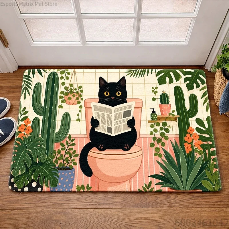 Cute Black Cat Series Doormat Non‑Slip Washable Cartoon Animal Flower Floor Rug for Kitchen Bedroom Entryway Indoor Home Decor