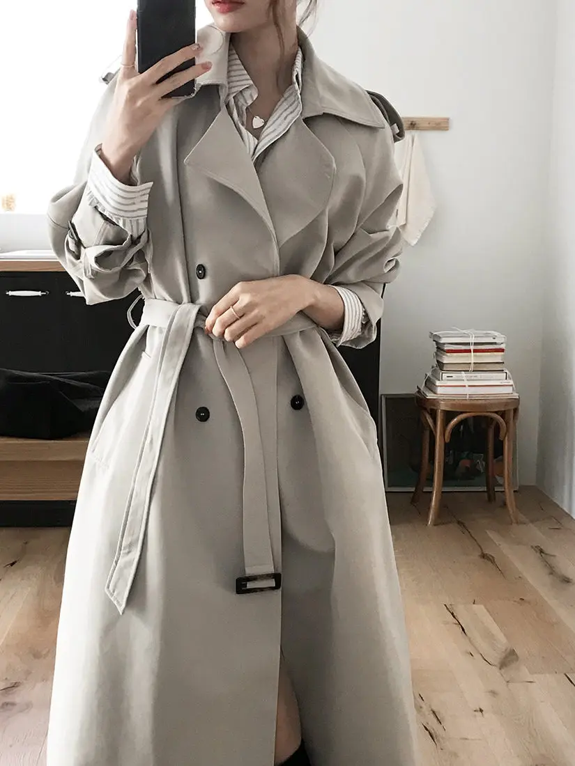 

Корейское длинное пальто на осень-зиму, женское повседневное пальто до колена средней длины, модное двубортное однотонное пальто для поездок на работу