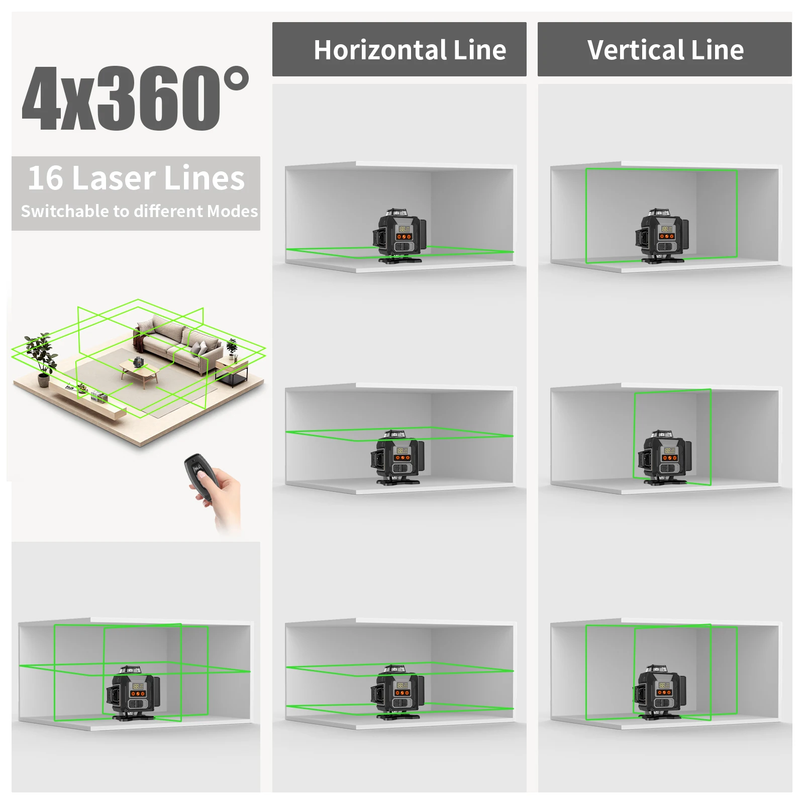 GZG 4D16 LINES Nivel Laser 360°Self-Leveling Automatic Professional Lase Level Horizontal Vertical Green Laser Beam Build Tool