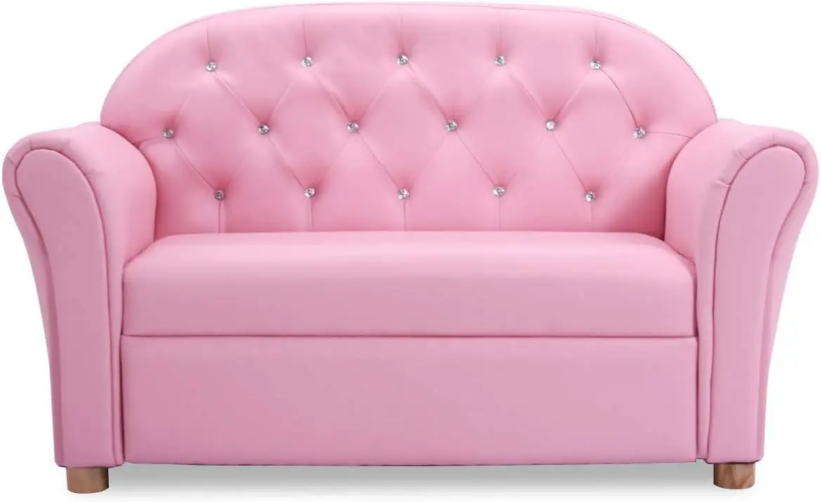 1 Princess Double Seat Children's Sofa w/PU Leather Surface, Toddler Armrest Chair for Bedroom, Kids Room, Mini Sofa for Kids Lo