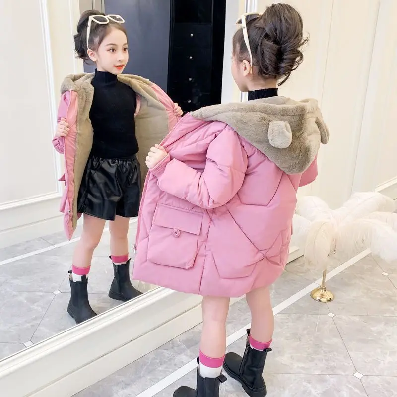 

2024 Winter Girls Thick Long Jackets Warm Bear Ear Hooded Fashion Coats Windproof Outerwear Kids Plus Fleece Thermal Coats