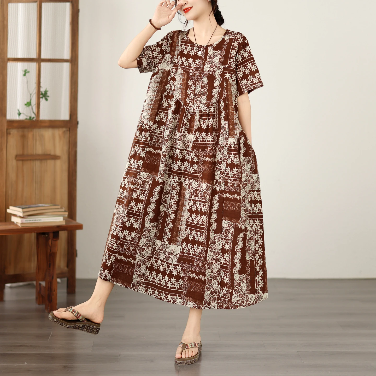 

Summer New Vintage round Neck Pocket Short Sleeve Dress Women Loose Slim A-Line Skirt Bamboo Cotton High Waist Citywalk Dress