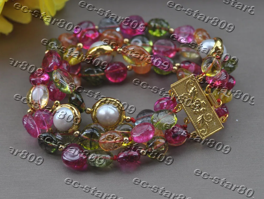 

MCT·STAR Z11383 4Row 8" 15mm Multicolor Tourmaline gold-plating White Pearl Bracelet