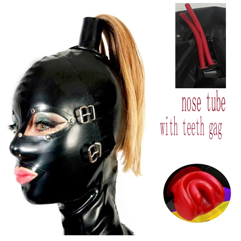 Masque en caoutchouc à capuche en latex avec long tube antarctique, bouche, dents, bâillon, bouchon, perfectionnez les yeux et la bouche, fétiche, fermeture à glissière au dos