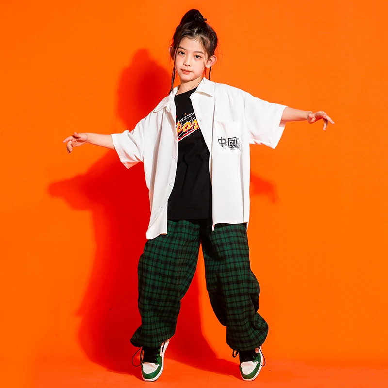 Kids Cool Kpop Hip Hop Clothing White Black Jacket Tops Loose Fit Streetwear Suit Pants For Girl Jazz Dance Wear Costume Clothes