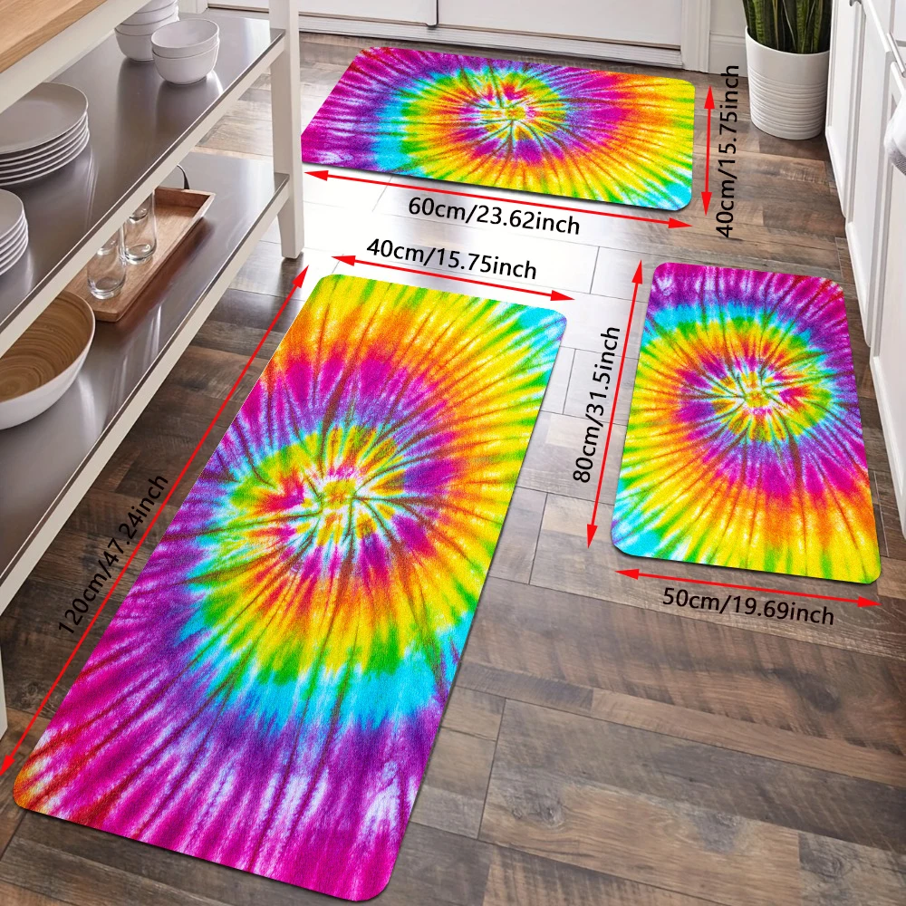 3Pcs Colorful Abstract Tie Dye Swirl Kitchen Floor Rug Set Home Entrance Doormat Flannel Non-Slip Bath Mat Carpet Bathroom Decor