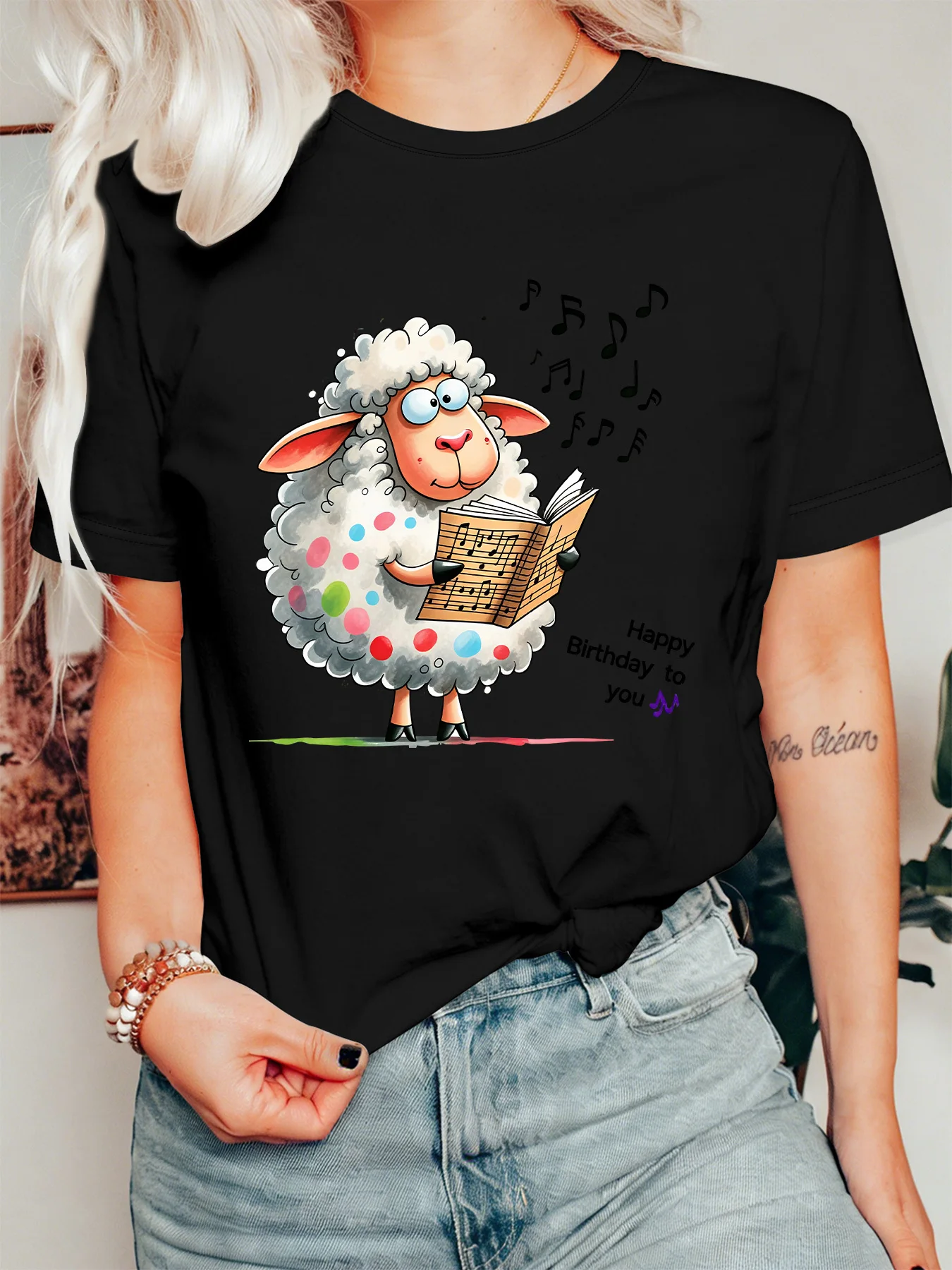 Happy Birthday To You Singing Sheep Music Graphic Womens T Shirt Short Sleeve Crew Neck Funny Farm Casual Daily Ladies Tee Tops