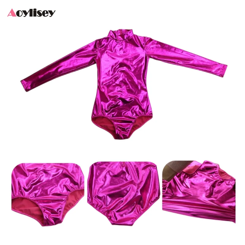 Body a collo alto a maniche lunghe lucido body da ginnastica elasticizzato abbigliamento da ballo di balletto per bambini pagliaccetti costumi da spettacolo teatrale