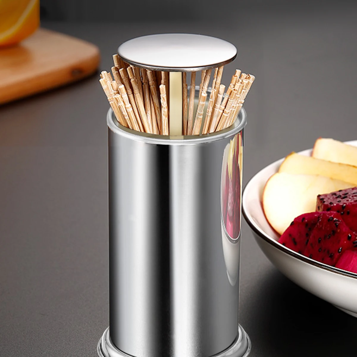 Push-push Toothpick Holder Automatic Poppet Lid Stainless Steel Toothpick Holder Dustproof Toothpick Holder Jar