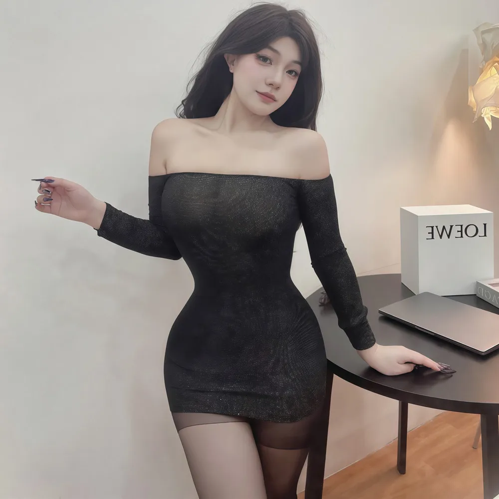 Slash Neck Frauen Nachtwäsche Porno Spitze Unterwäsche Schwarz Mini Nacht Kleid Erotische Dessous Babydoll, Figurbetontes Kleid Nacht Party Tragen – Detail 4