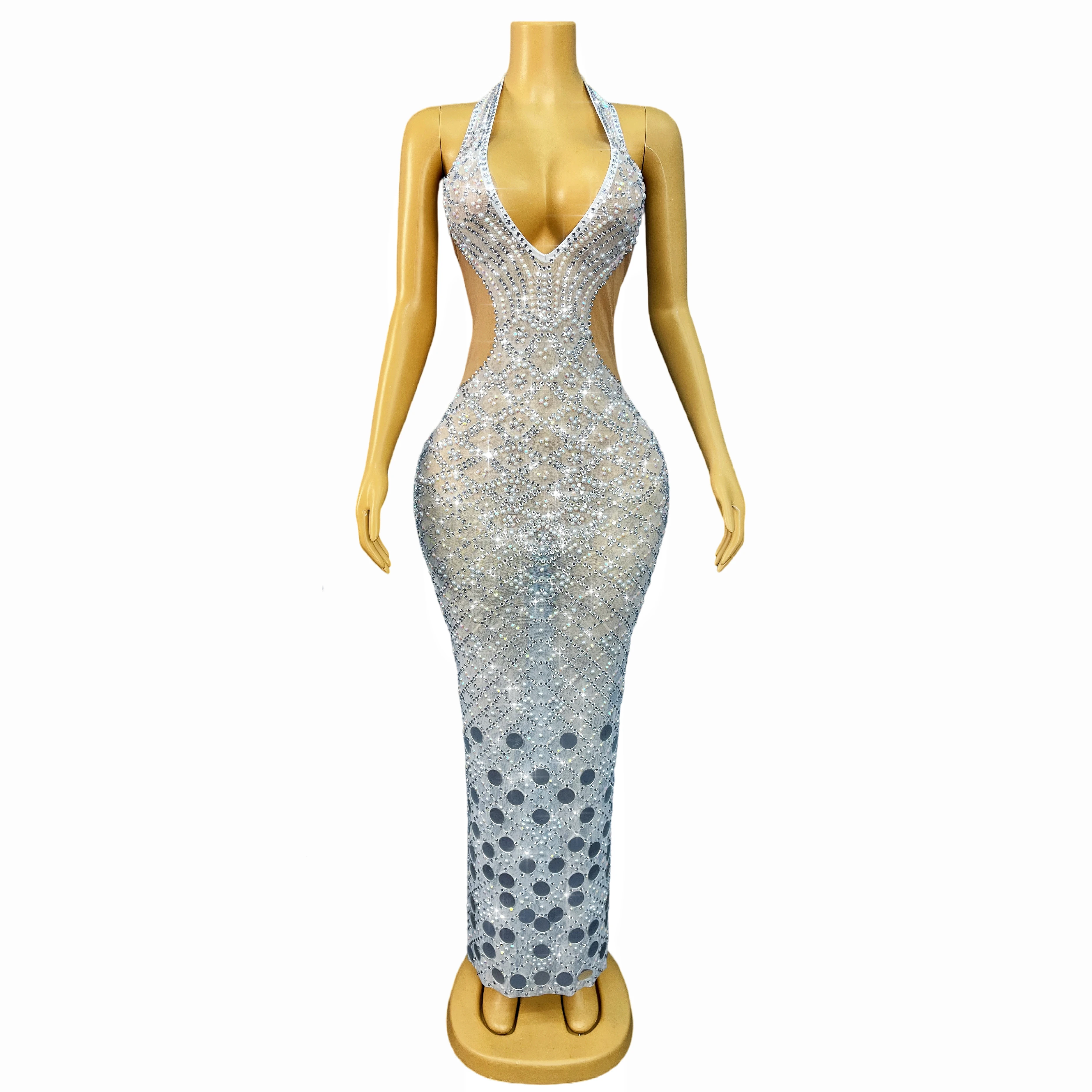 Novo brilhante strass sexy com decote em v vestido sem costas noite casamento elegante vestido de baile tapete vermelho roupa de palco langchaoqun