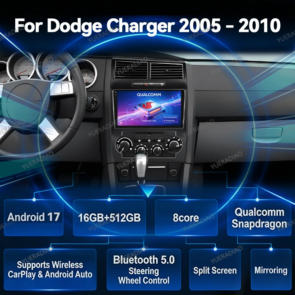 Radio para Auto Android 17 para Dodge Charger LX 2005 - 2010, para Dodge Magnum 2 2003 - 2007, Unidad Principal QLED GPS NAVI Qualcomm 4G WIFI BT