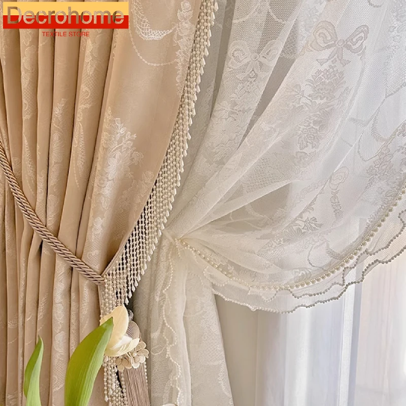 

Embroidery White Screen Window Screen Pink Jacquard Curtains for Living Room Bedroom Floor-to-ceiling Window Customization