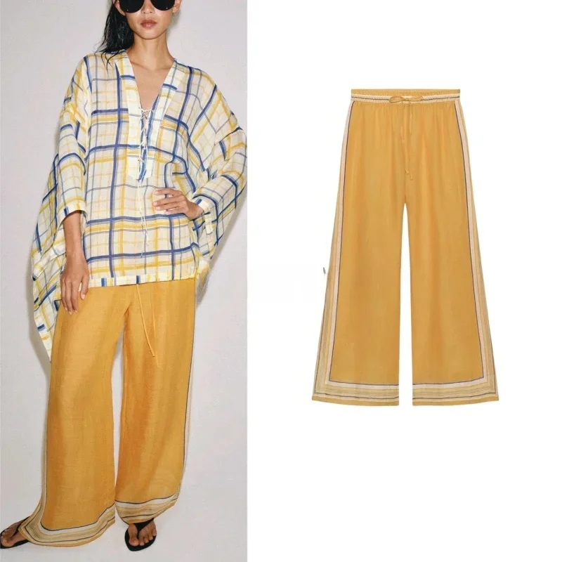 Summer New Women's Casual Straight Leg Pants Long Stripe Semi-Transparent High Waist Lengthened Holiday Style Polyester Fiber