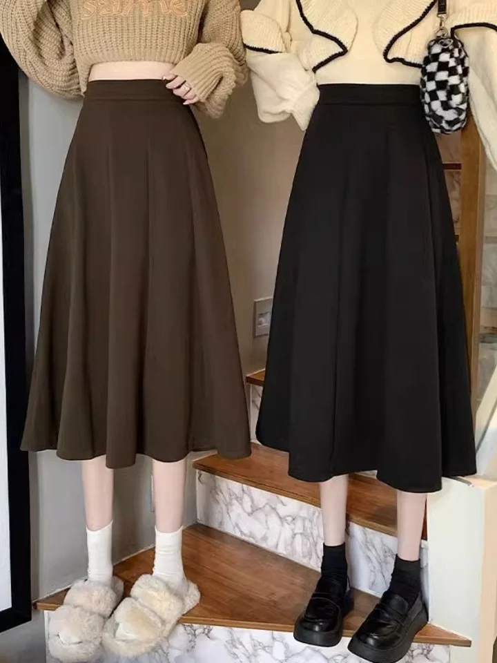 

Шерстяная юбка миди А-силуэта больших размеров для полных женщин, весна-осень, новая коллекция, с высокой талией, в корейском стиле, для офиса