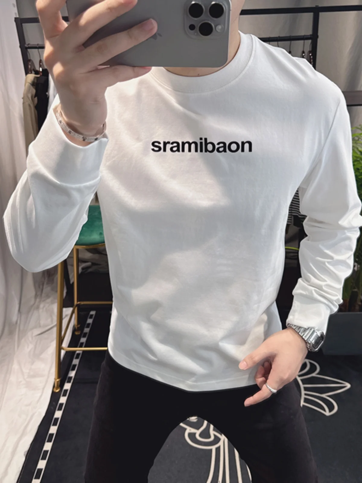 Camiseta Masculina de Manga Longa Estilo Americano Casual com Estampa de Letras Simples para Todas as Estações, Moletom de Gola Redonda para Jovens