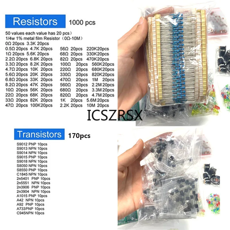 Kit de componentes electrónicos Ultimate Edition, varios condensadores comunes, resistencias, condensadores, T0-92, transistores LED, placa PCB, DIP-IC