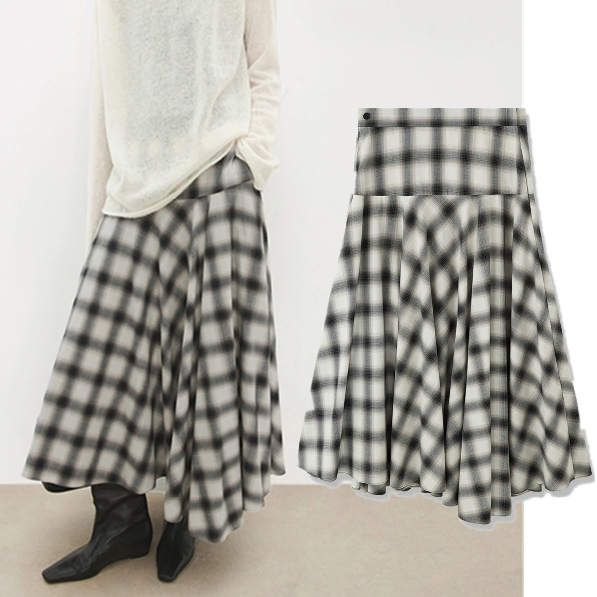 

Maxdutti Minimalist Retro Gradient Plaid Color Woven Brushed Cotton Poplin Diagonal Cut Splicing Irregular Skirt Woman Clothes