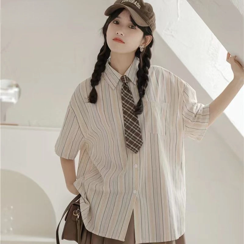 

DAYIFUN College Style Striped Shirts with Tie Women's Summer Short Sleeve Blouses Lady Retro Lapel Pocket Design Blusas Tops