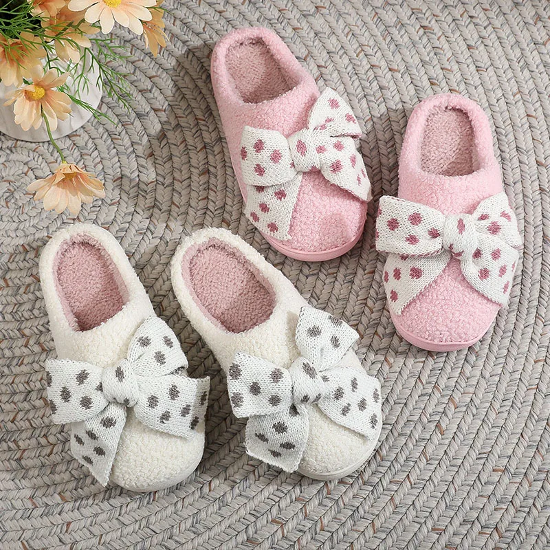 

Winter Women's Home Cotton Shoes Sweet Knitted Fabric Polka Dot Bow Plush Slippers Indoor Soft Flat Thickened Warm Home Slippers