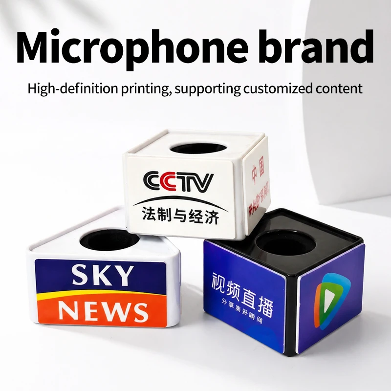 Custom Logo Microphone Flag Cube Stand for TV News Reporter Broadcast Studio Live Streaming Podcast Desk Sign Holder