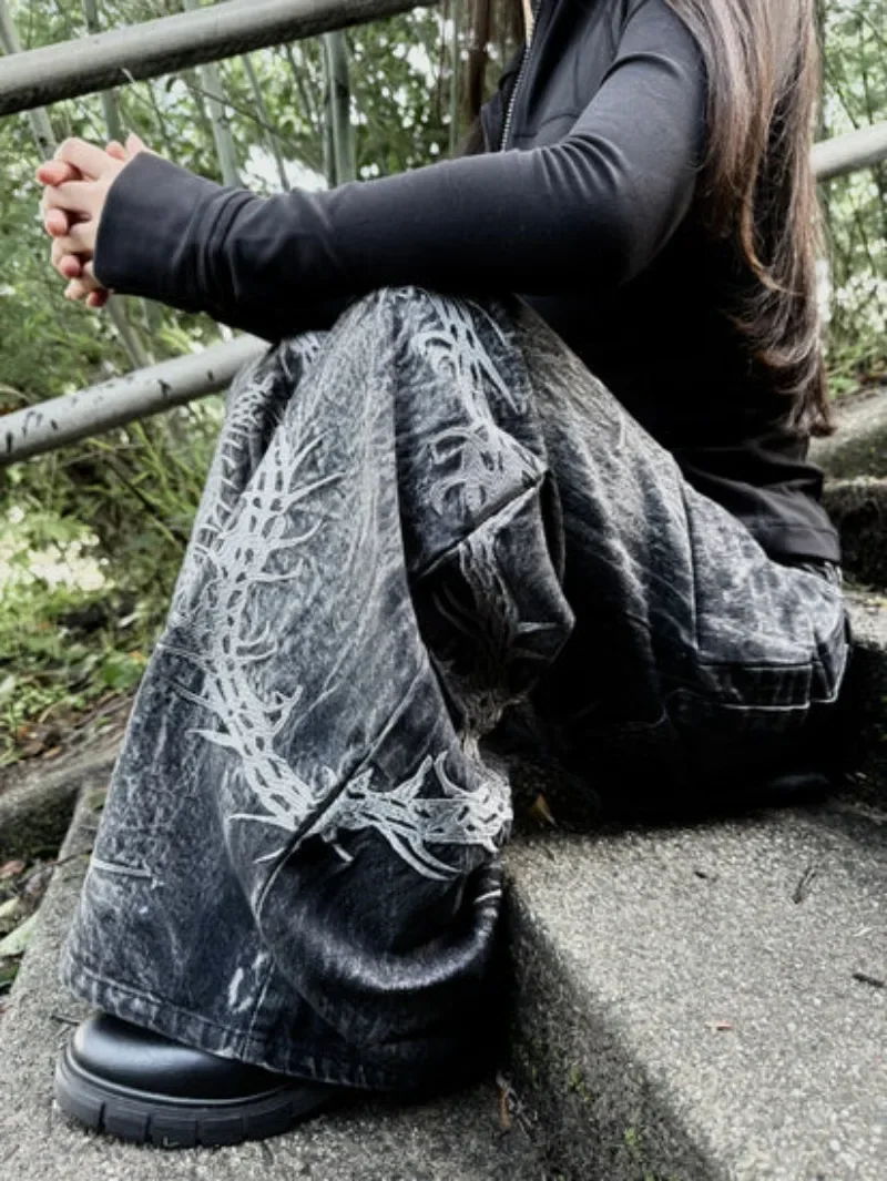 Y2K جديد ريترو حريش التطريز نمط غسلها المتضخم واسعة الساق السراويل الشارع القوطية Harajuku الطابق السراويل للرجال والنساء