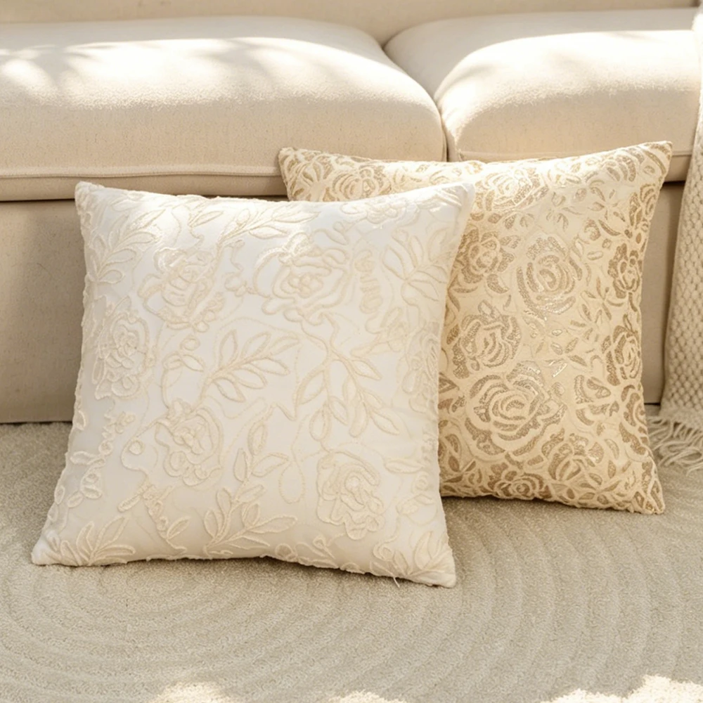BuyNow 1 Stück Pailletten-Bestickter Blumen-Kissenbezug Beige Kissenhülle für Wohnzimmer Sofa Heim Party Schlafzimmer Deko Sofakissen