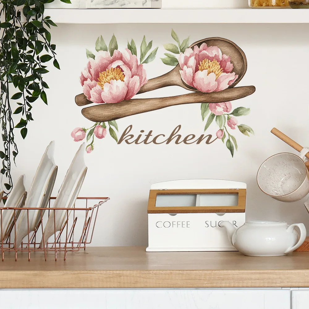 Creative Wooden Spoon Flowers Wall Stickers Kitchen Restaurant Home Decoration Mural Room Cabinet Decor Self-adhesive Wallpaper