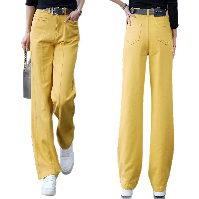 جينز أصفر ضيق واسع الساق للنساء، سروال طويل مستقيم فضفاض عالي الخصر للتخسيس متعدد الاستخدامات للربيع والخريف #5